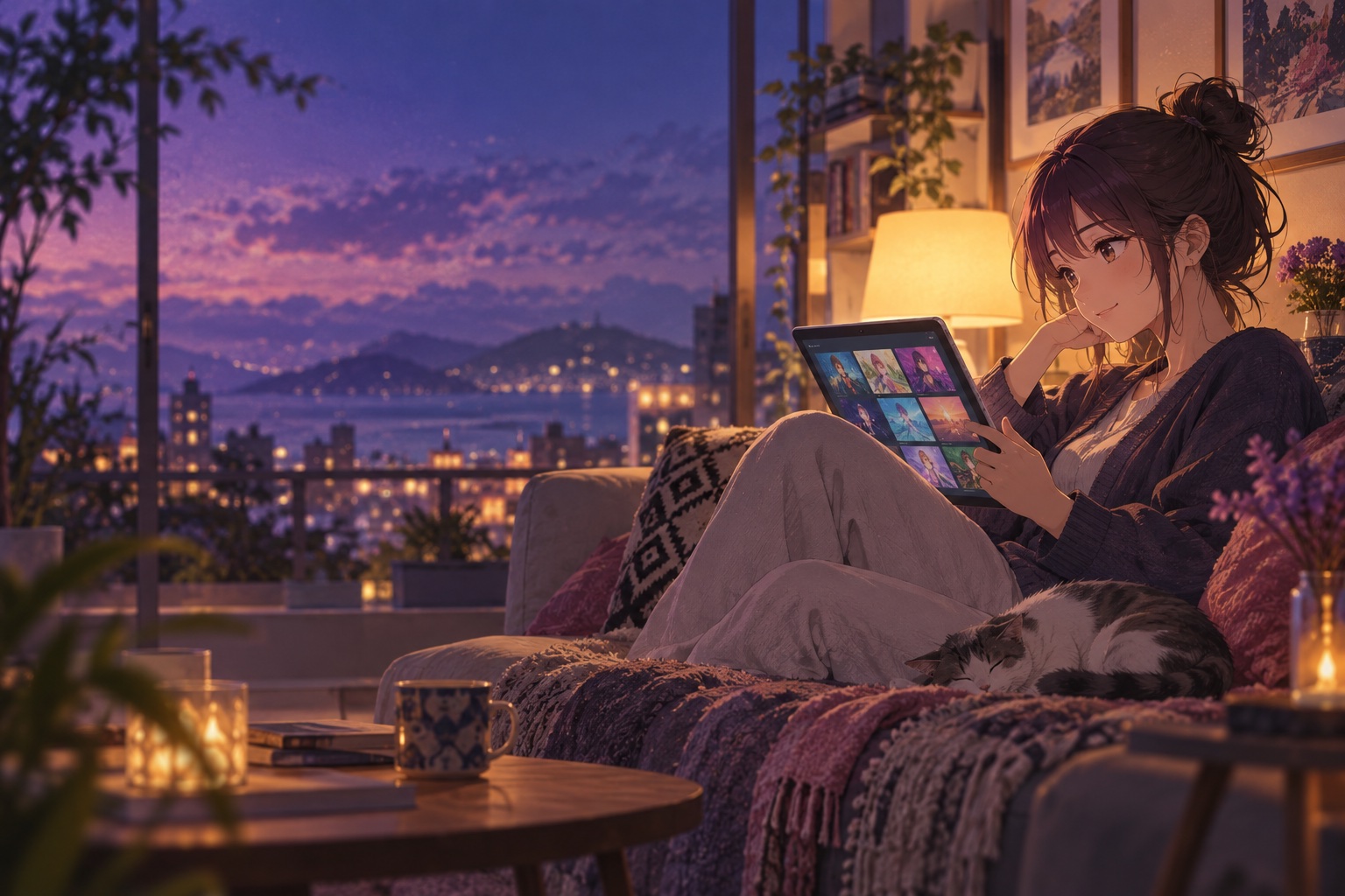 夕暮れの部屋でタブレットからアニメを探すひととき